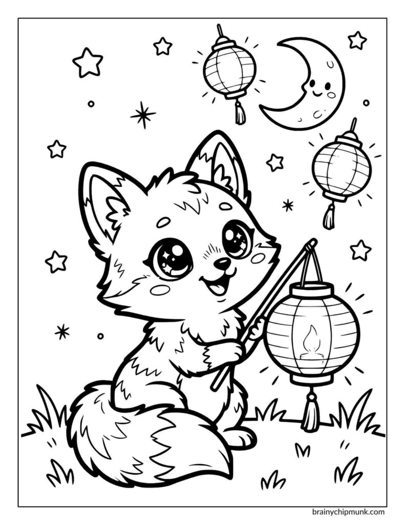Coloring page of a cute fox holding a lantern under a starry sky with a smiling crescent moon and other lanterns. Whimsical and joyful night scene.
