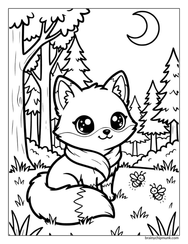 Cute coloring page of a fox with big eyes and a scarf sits in a forest under a crescent moon. Surrounded by trees and two playful bees, creating a whimsical tone.