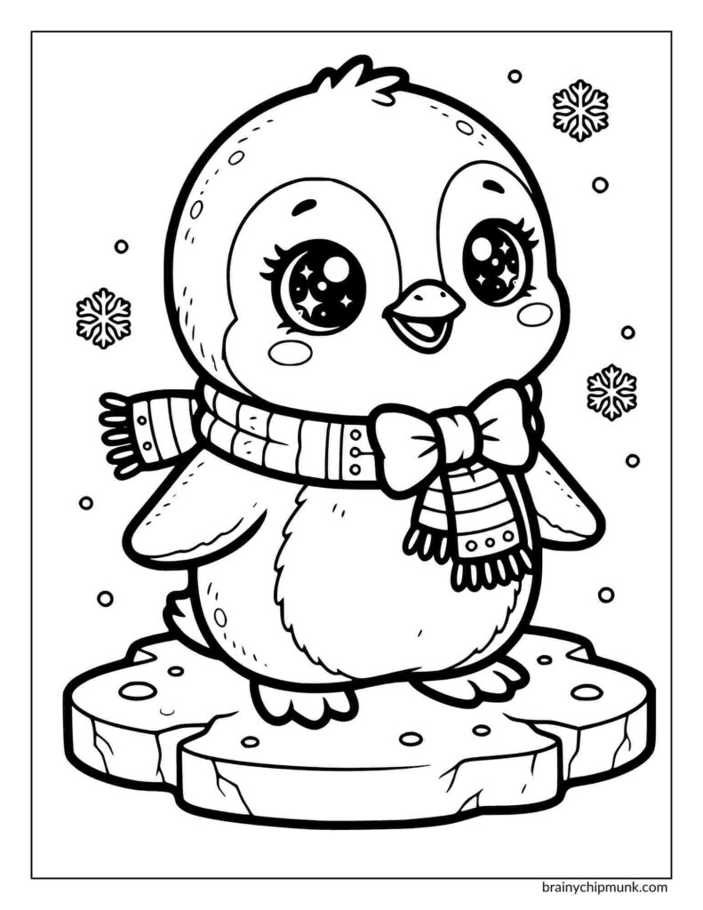 Coloring page of a cute cartoon penguin with big eyes, wrapped in a striped scarf, standing on ice with falling snowflakes. The scene is cheerful and playful.