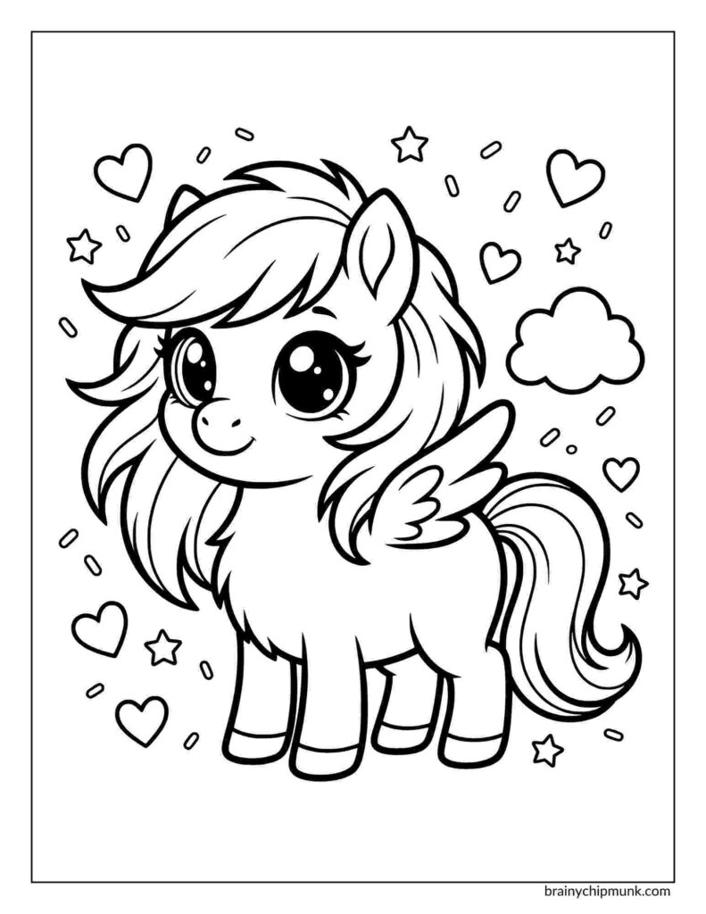 Cute coloring page of pony with wings, standing in profile, surrounded by hearts, stars, and a cloud. The tone is playful and whimsical.
