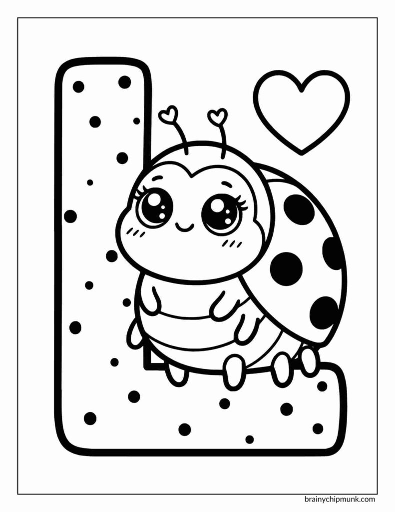 Coloring page of a cartoon ladybug with heart-shaped antennae sits on a large letter "L," surrounded by polka dots. A heart symbol floats above.