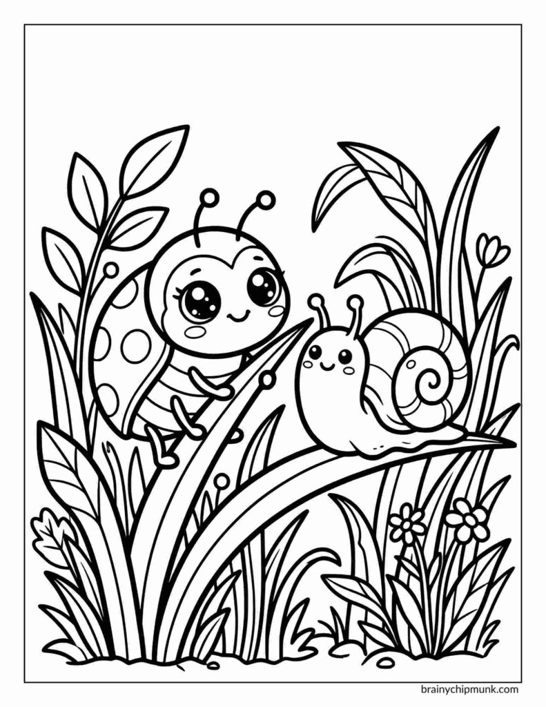 Coloring page of a cute ladybug and a snail with big eyes sit on grass blades surrounded by flowers and leaves. The scene conveys a cheerful and playful tone.