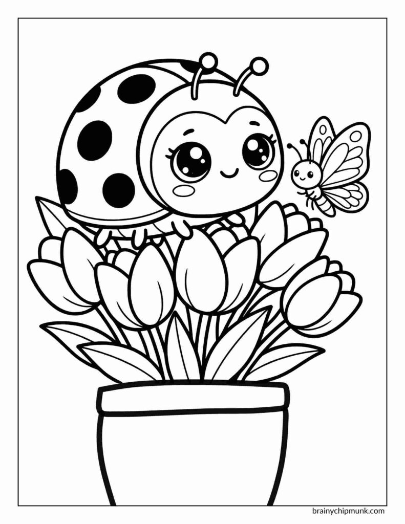 Coloring page of a cute cartoon ladybug coloring with big eyes perched on tulip blooms in a pot, with a smiling butterfly nearby, conveying a cheerful, playful mood.