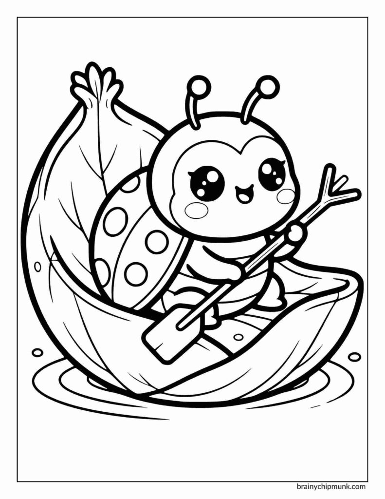 Coloring page of a cute ladybug with antennae, paddling a leaf boat with a twig oar on water. The scene is playful, cheerful, and whimsical.