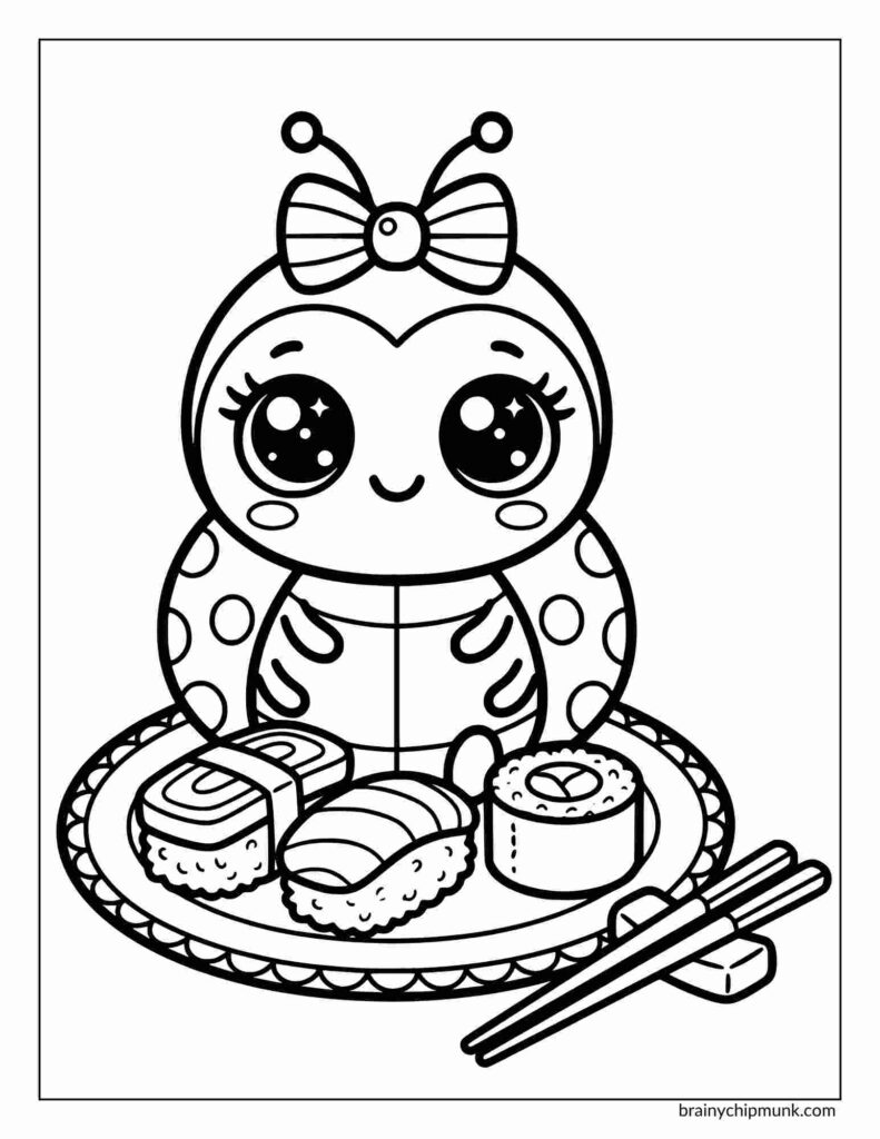 A cute coloring page of a ladybug with big eyes and a bow sits behind a plate of sushi and chopsticks. The scene is playful and whimsical, ideal for coloring.