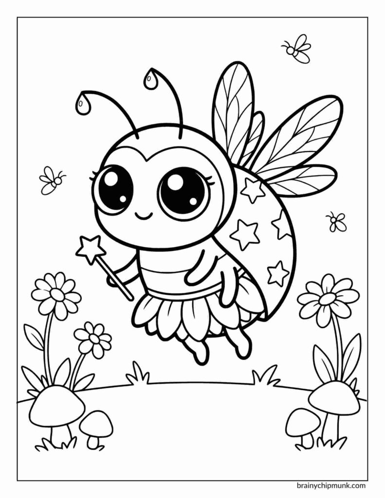 A cute coloring page of a ladybug with large eyes, star-patterned wings, and a magic wand, fluttering over flowers and mushrooms, creating a whimsical scene.