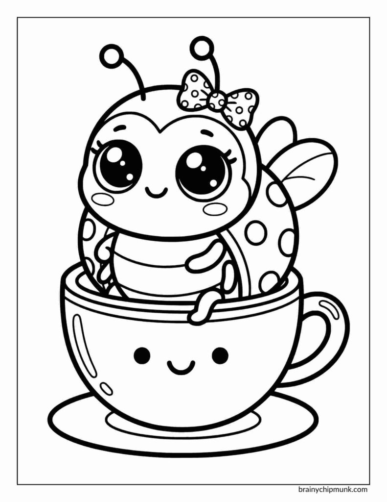 Coloring page of a cute ladybug with big eyes and a polka dot bow sits happily in a smiling teacup. The playful scene conveys joy and whimsy.