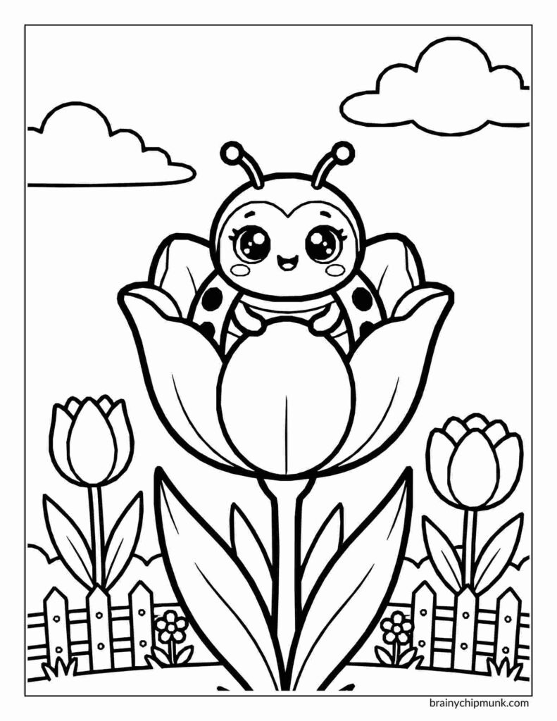 Coloring page of a cute ladybug sitting inside a large tulip, surrounded by two tulips with leaves. The background features clouds and a picket fence.