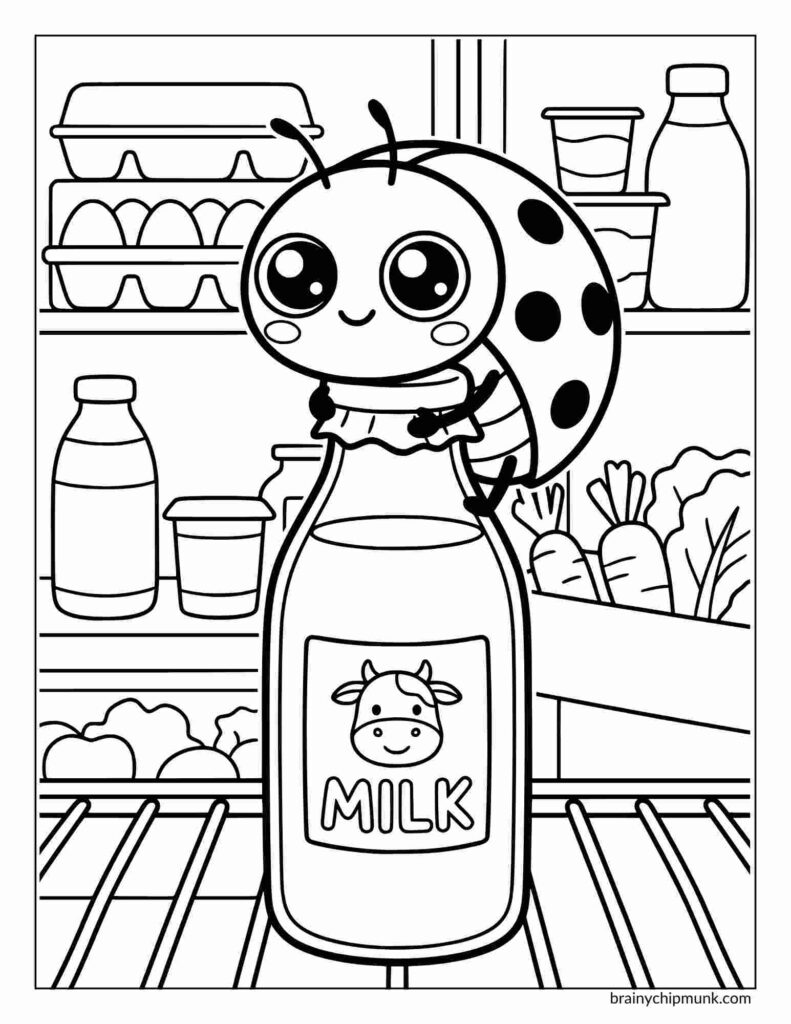 Coloring page of a cute ladybug smiles while holding a large milk bottle inside a refrigerator. Surrounding items include eggs, carrots, and other groceries.