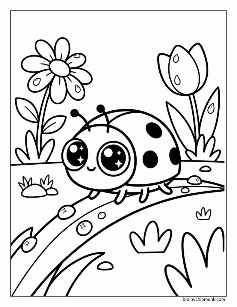 A cute coloring page of a ladybug with large, sparkling eyes smiles on a leaf. Surrounded by grass, a flower, and a tulip, the scene is cheerful and playful.