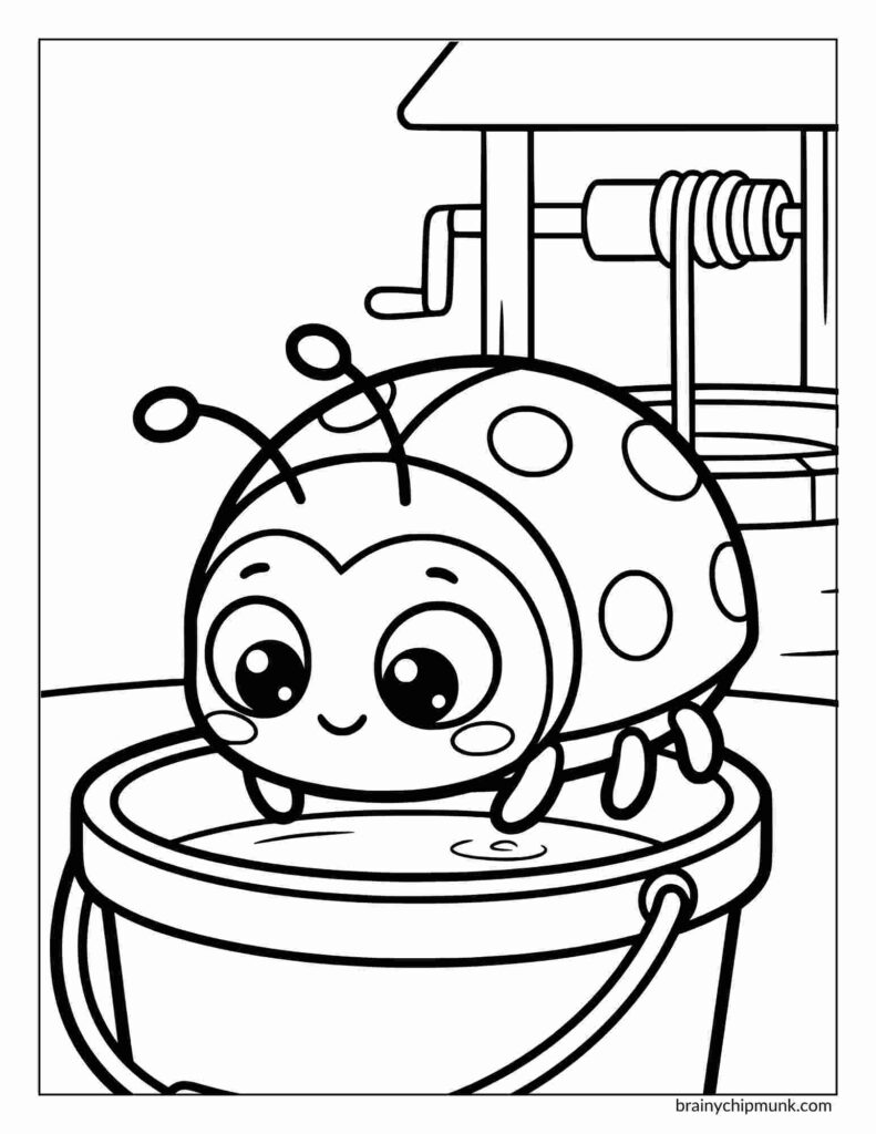 A cute coloring page of a ladybug with large eyes and antennae smiles while perched on the rim of a bucket. A water well with a crank is in the background.