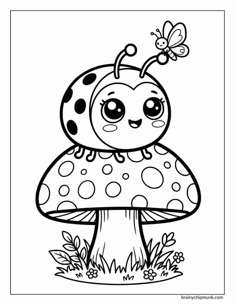 Coloring page of a ladybug sitting on a large, spotted mushroom with a smiling butterfly on its antennae. Grass and flowers surround the base.