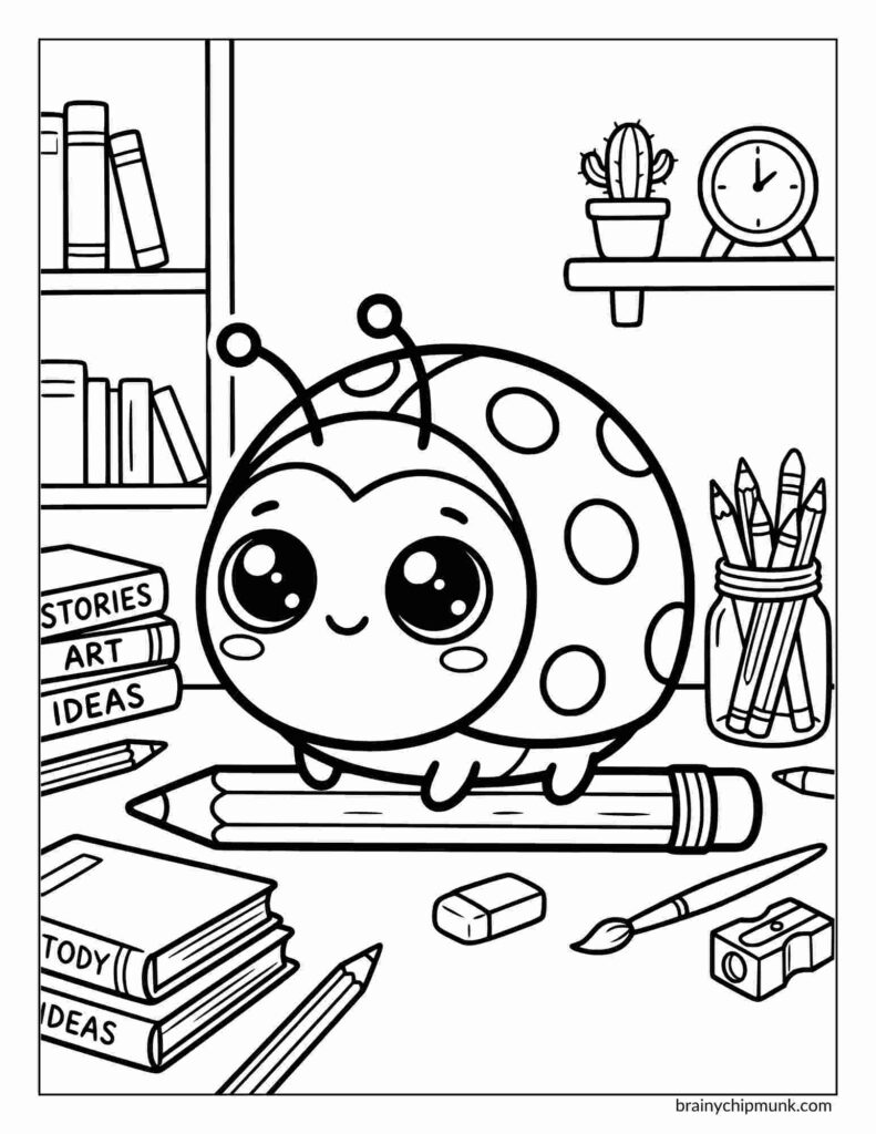 Cute coloring page of a ladybug with large eyes sitting on pencils. Surrounded by books, art supplies, a plant, and a clock. Playful, creative scene.