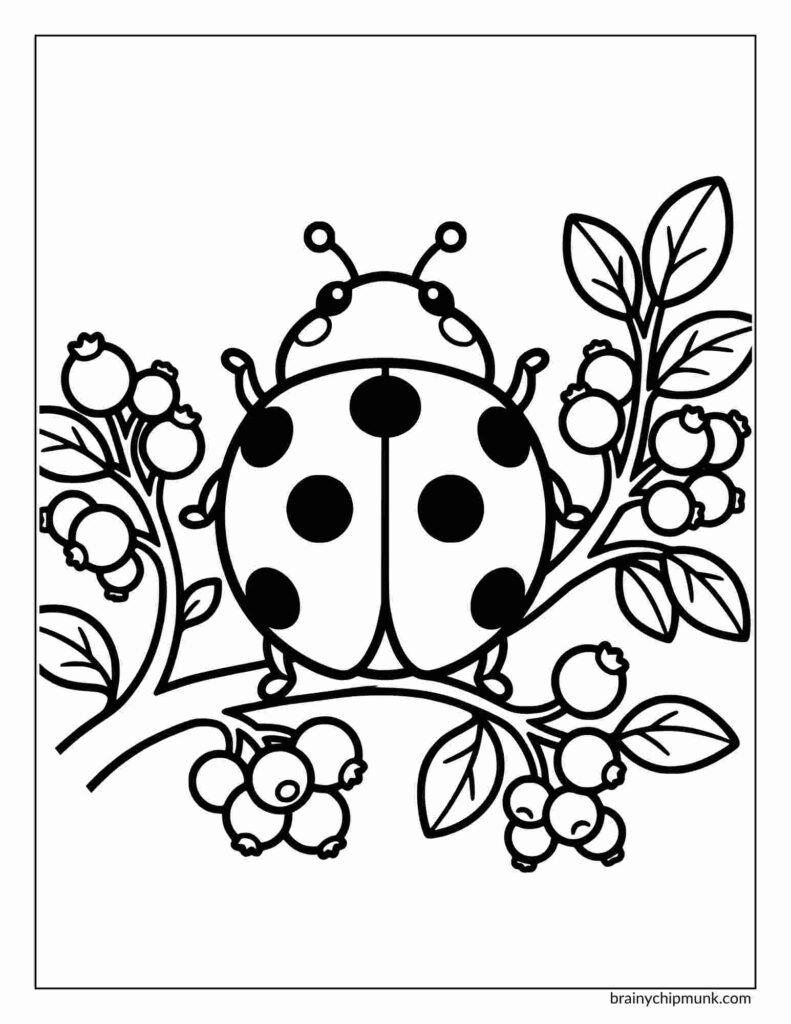 A black and white coloring page of aof a ladybug with spots on its back, perched on a branch with leaves and berries, conveying a peaceful, natural scene.