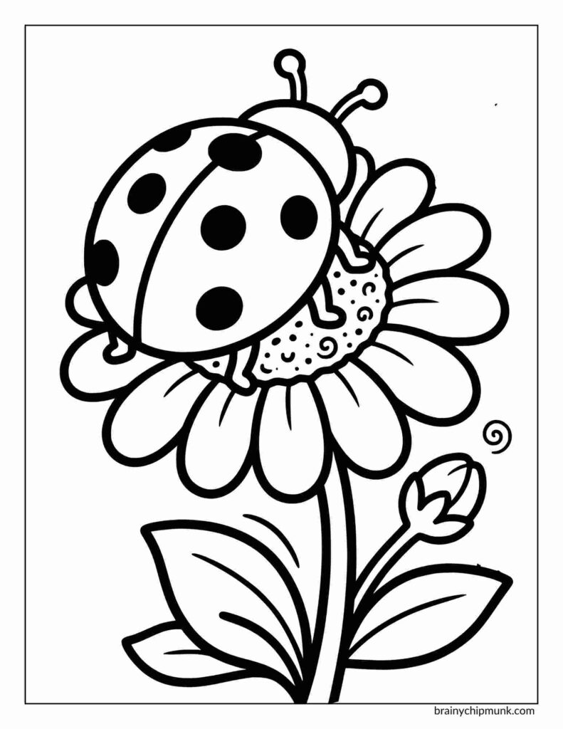 Coloring page of a ladybug with black spots sits on a large, open flower with petals and a budding flower beside it. The scene is outlined in black and white.