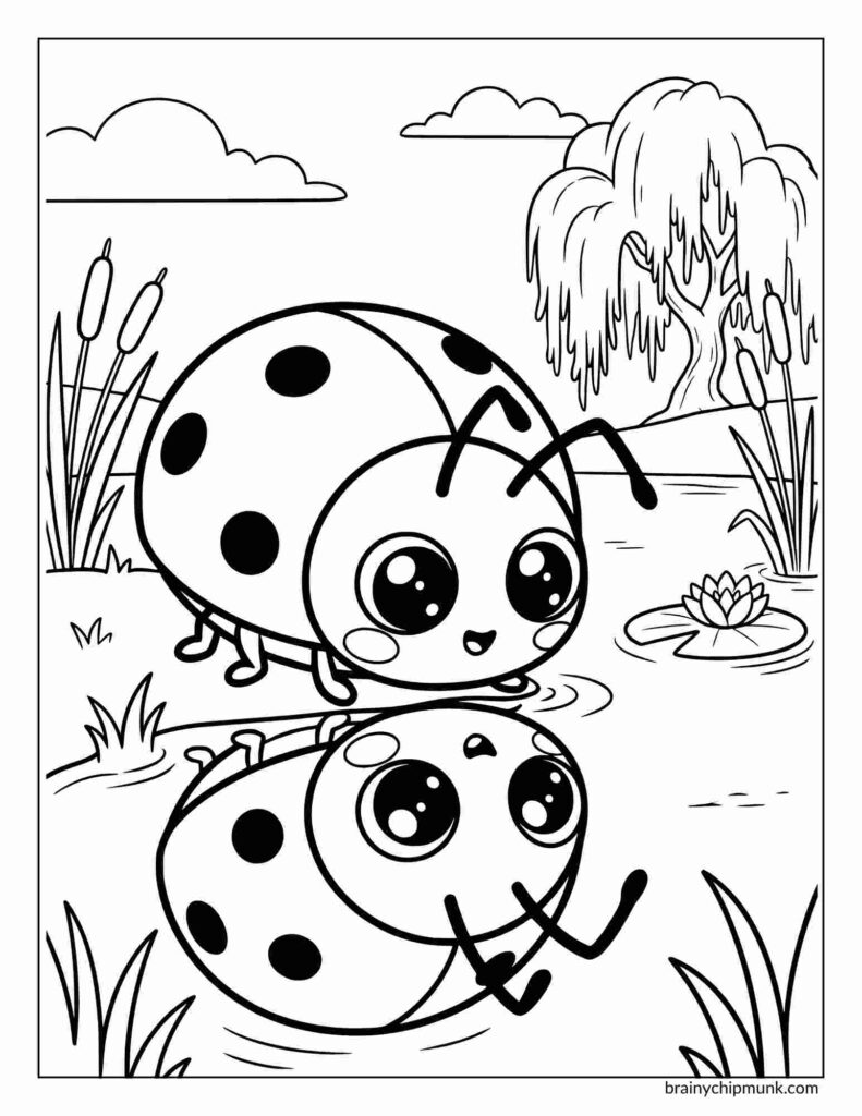 Cute ladybug coloring page with big eyes admiring its reflection in a pond, surrounded by cattails and a weeping willow, under a partly cloudy sky.