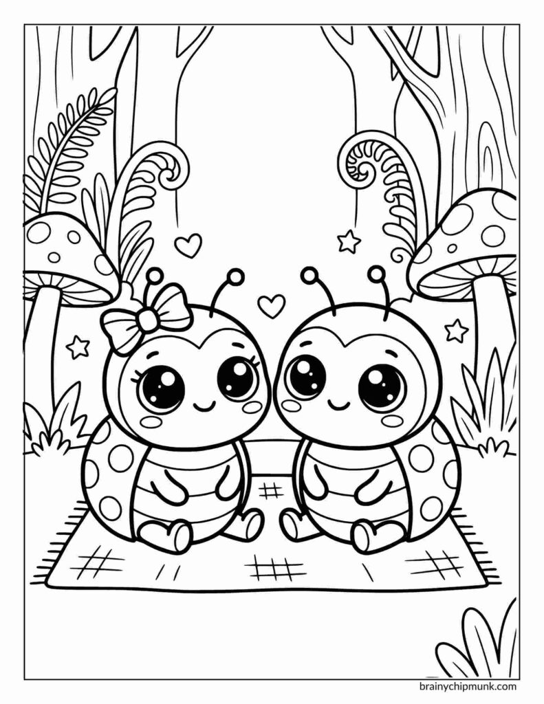 Coloring page of a ladybugs, one with a bow, sit on a picnic blanket surrounded by hearts in a forest with large mushrooms and ferns. Whimsical and cheerful.