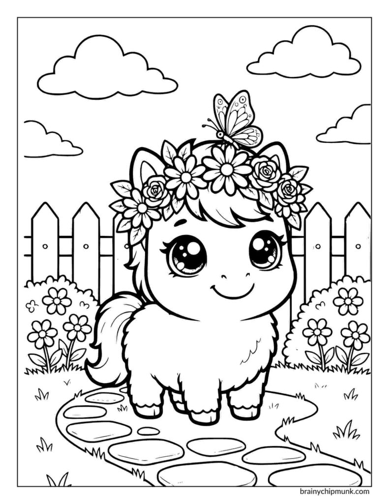 Cute coloring page pony with large eyes and a floral crown stands on a stone path. A butterfly sits on its head. Background: picket fence, flowers, clouds.