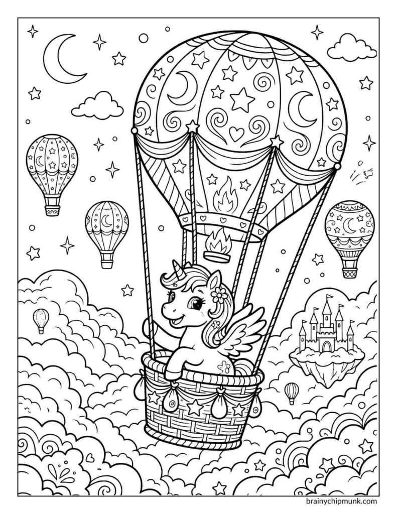 A whimsical coloring page featuring a smiling unicorn with wings in a hot air balloon, surrounded by stars, clouds, and a castle. Dreamy and playful atmosphere.