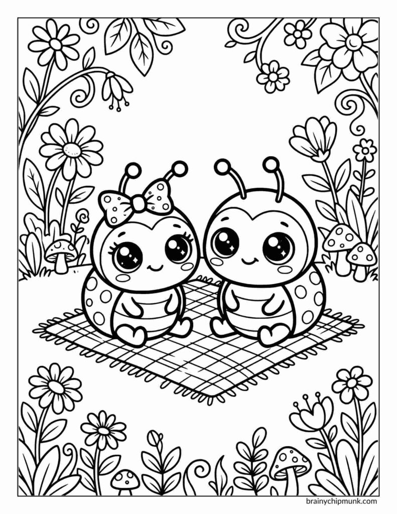 Coloring page of two cute cartoon ladybugs sit on a picnic blanket, surrounded by flowers and mushrooms. They have smiling faces and one wears a bow.