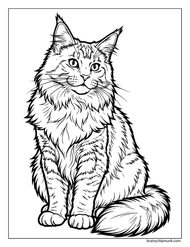 Black and white illustration of a fluffy cat sitting upright. The cat has large ears, a bushy tail, and an attentive expression, conveying calmness.