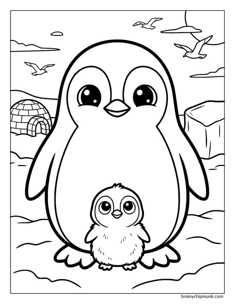 Cute penguin coloring page, mother penguin and chick on icy land with igloo and flying birds in the background. The scene is playful and endearing, showcasing a family bond.