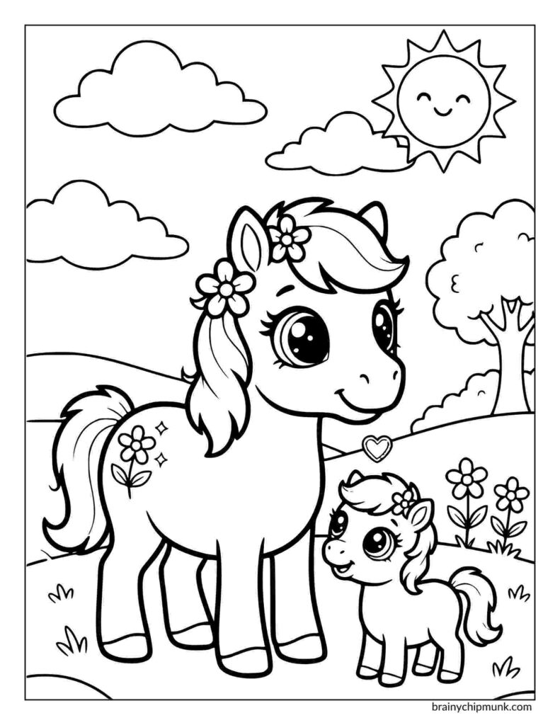 A cute coloring page shows a cartoon pony and its foal in a field with flowers, smiling sun, and fluffy clouds, creating a cheerful and playful scene.