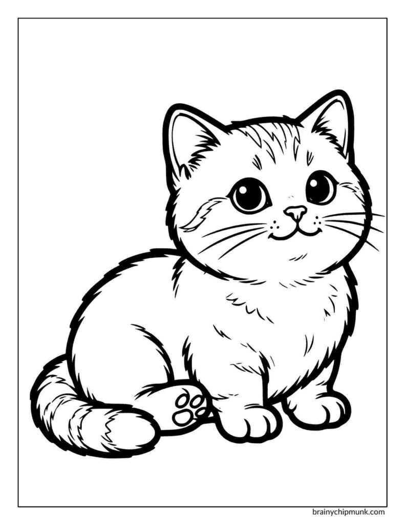 Cute cartoon kitten illustration, sitting with wide eyes and a playful expression. The kitten is fluffy with a striped tail, outlined in black.