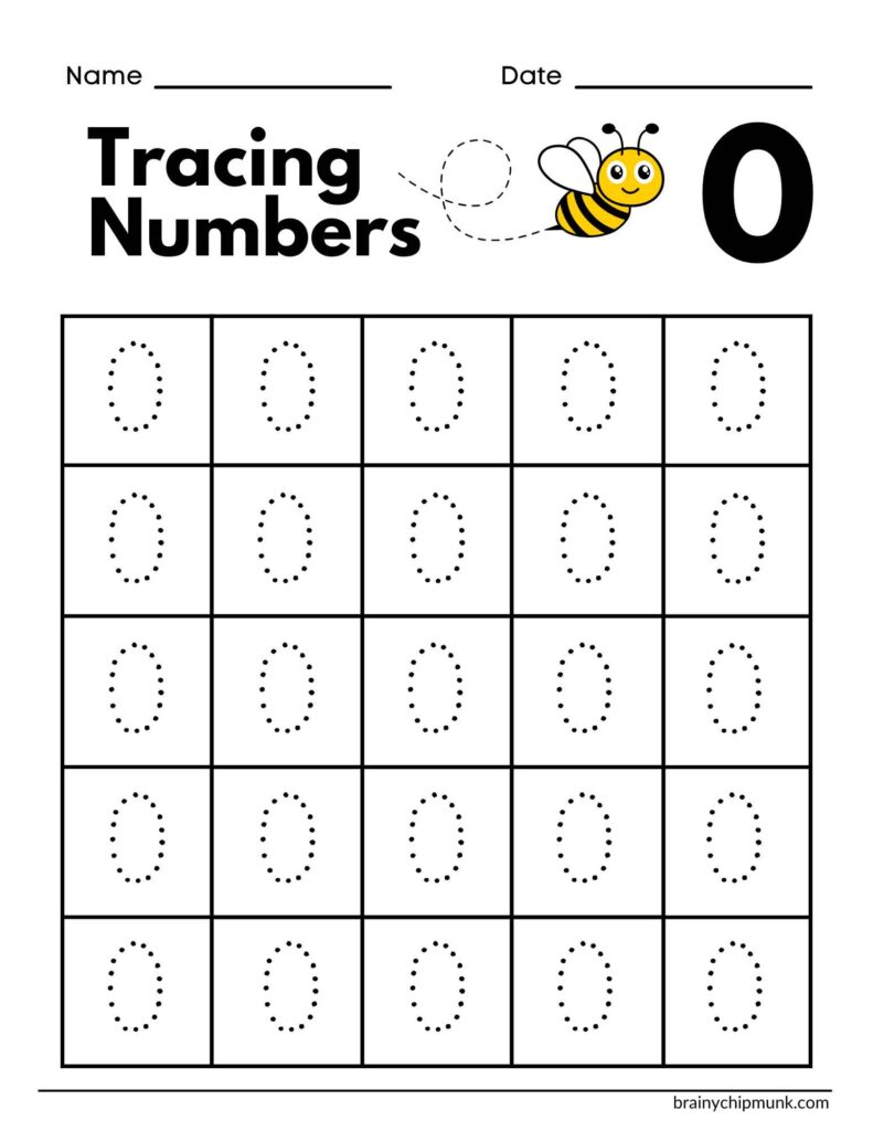 Tracing numbers worksheet for number 0 featuring a dotted grid for practice. A cheerful bee illustration adds a playful touch.