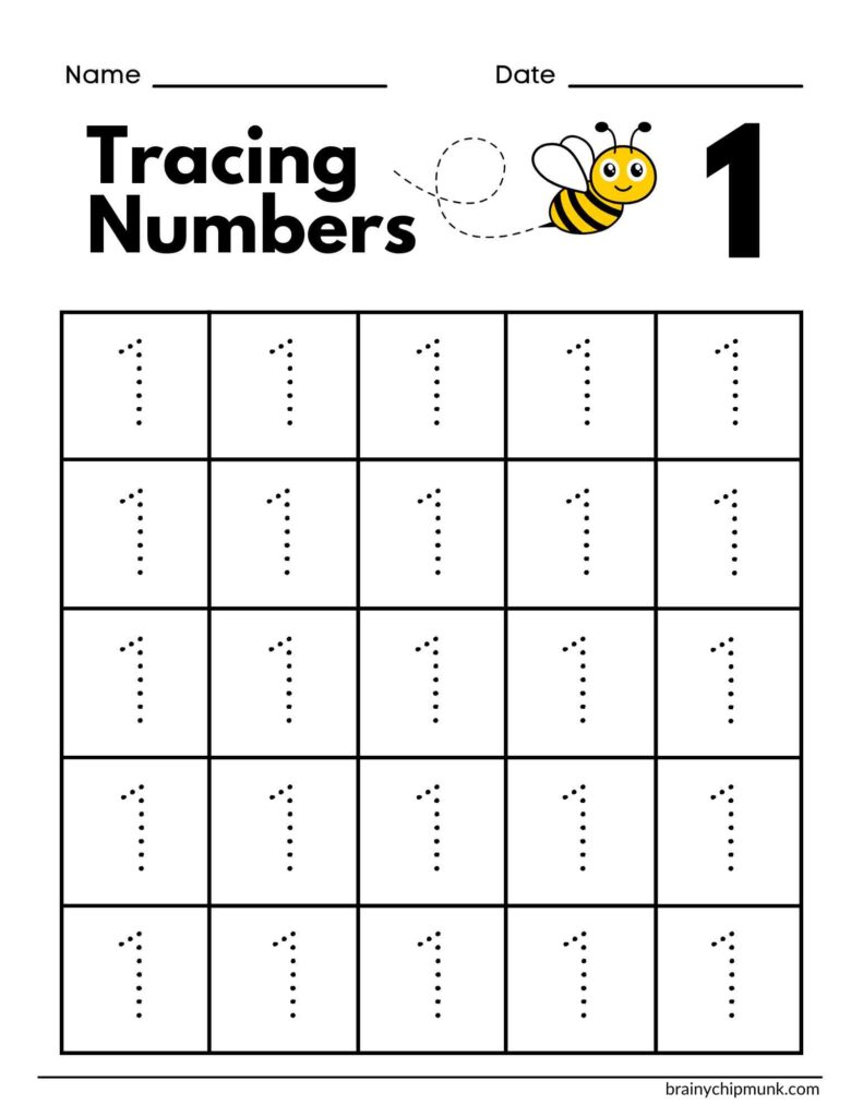 Tracing numbers worksheet for number 1 featuring a dotted grid for practice. A cheerful bee illustration adds a playful touch.