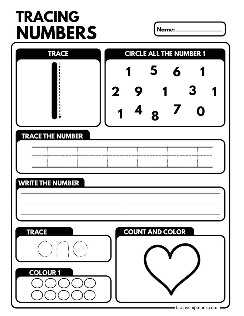 Number activity worksheet for kids, focused on the number one. Includes tasks to trace, circle zeros, and count shapes. Clean and engaging design.