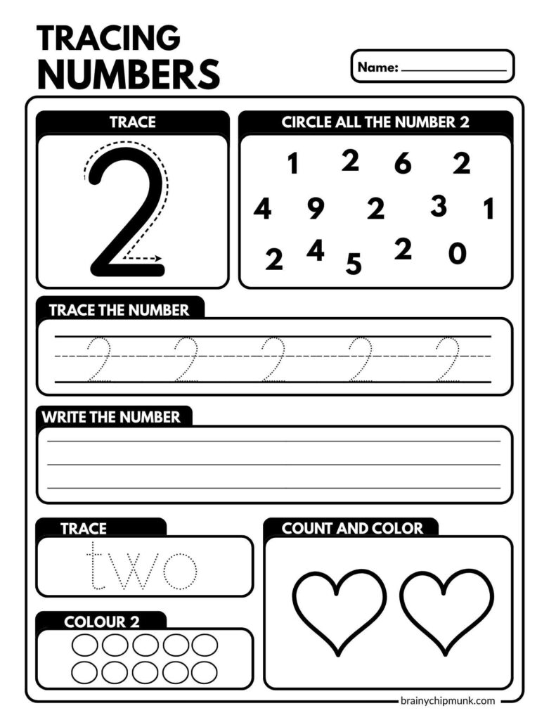 Number worksheet for kids, focused on the number two. Includes tasks to trace, circle two, and count shapes. Clean and engaging design.
