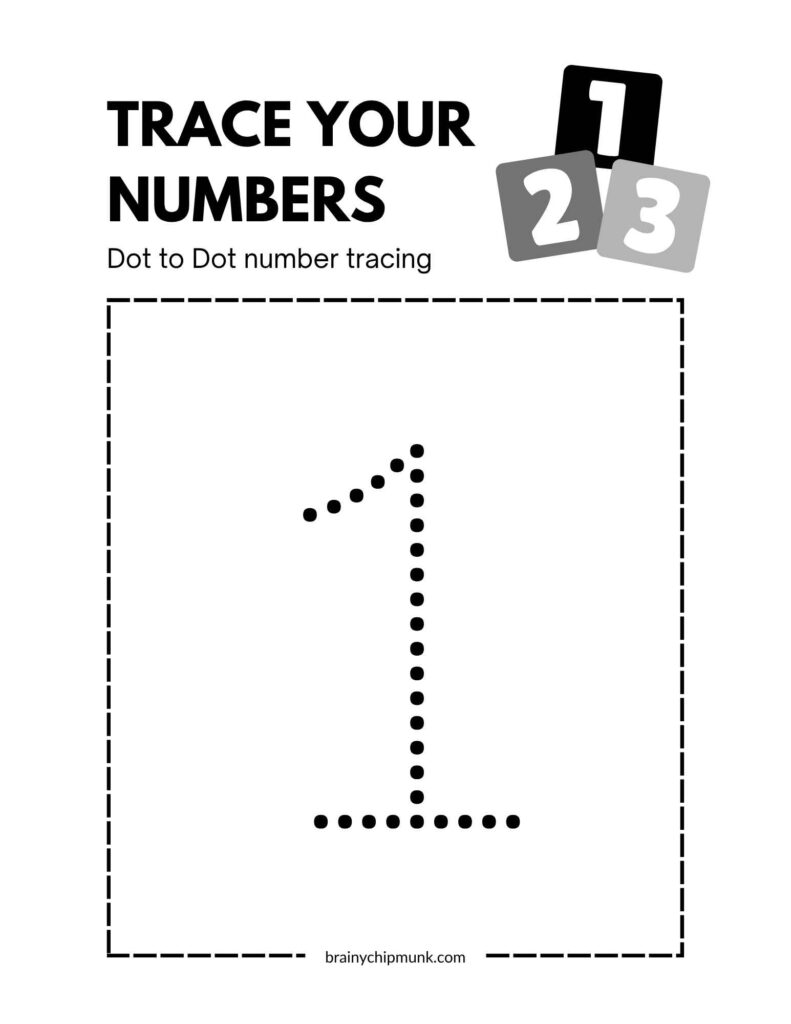 Dot-to-dot number 1 tracing worksheet with a shape of one made of black dots. The title reads "Trace Your Numbers" with a playful tone.