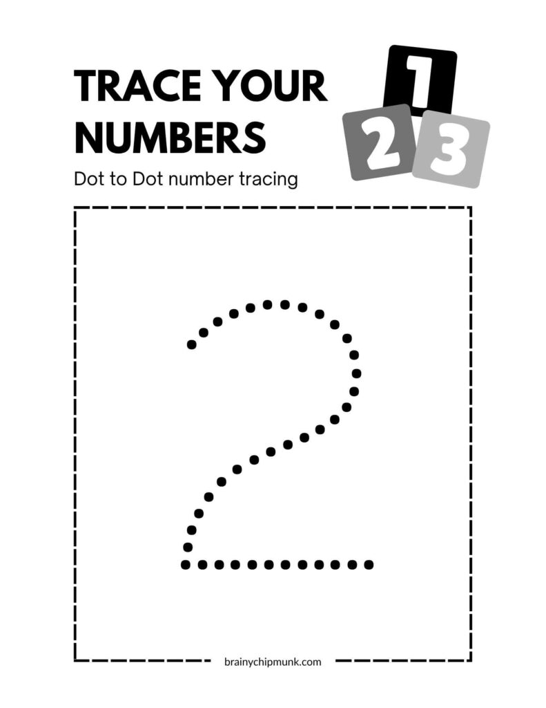 Dot-to-dot number tracing worksheet with a digit two shape made of black dots. The title reads "Trace Your Numbers" with a playful tone.
