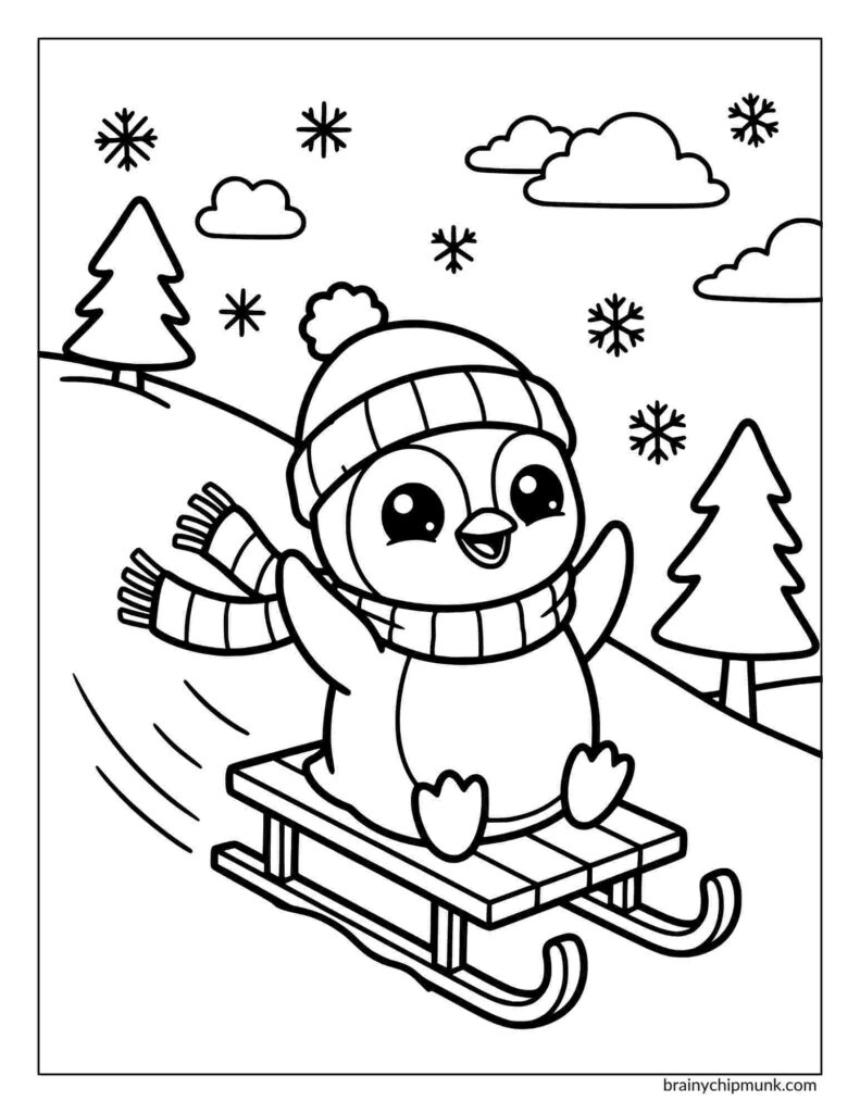 A joyful cartoon penguin wearing a striped hat and scarf sleds down a hill surrounded by snowflakes and pine trees under a cloudy sky.
