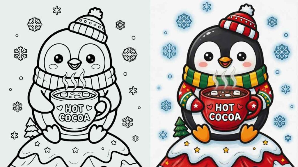 Coloring page of a penguin wearing a hat and scarf, holding a steaming "Hot Cocoa" mug. Left side is a line drawing; right side is colorfully filled in. Snowflakes surround the penguin.