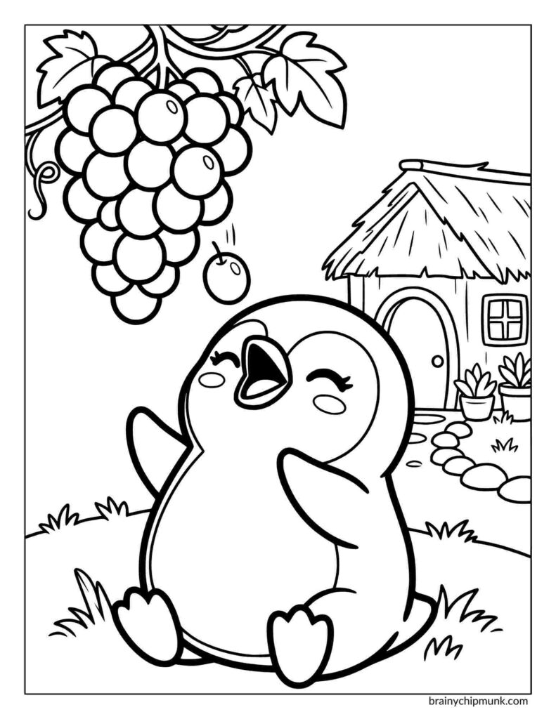 Cute penguin eating grapes coloring page, with a cozy thatched-roof cottage in the background amidst grass and shrubs. Playful and cheerful.