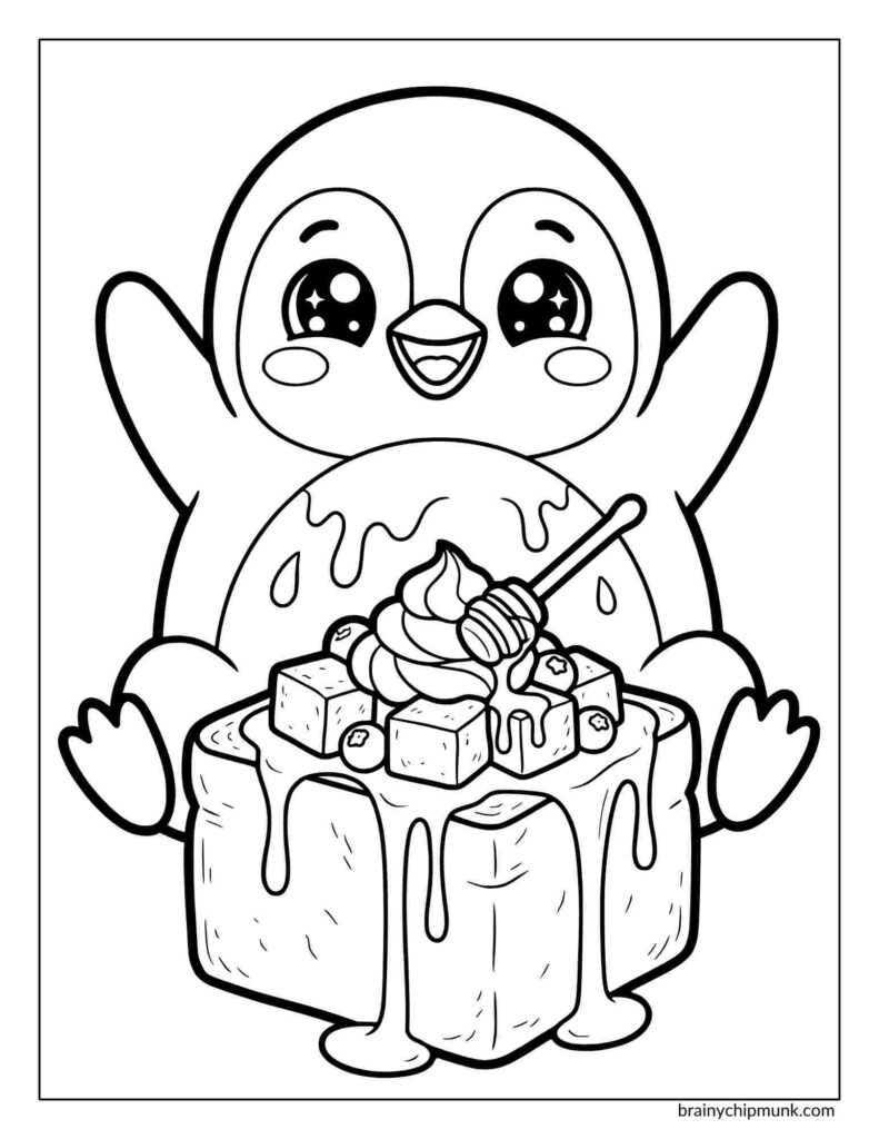 A cute penguin coloring page. He joyfully looking at a honey toast topped with , whipped cream, butter cubes, and berries. The image conveys a sense of happiness and indulgence.