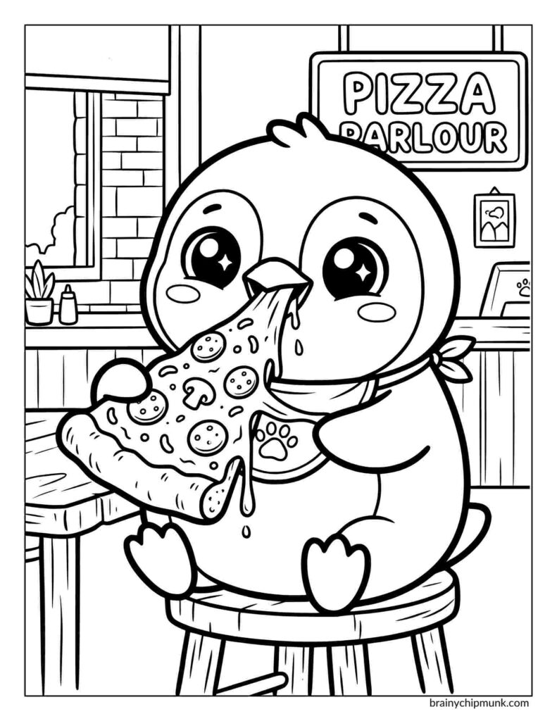 Cute cartoon penguin joyfully eating a slice of pizza, sitting on a stool in a pizza parlor coloring iipage. The setting is cozy and playful.