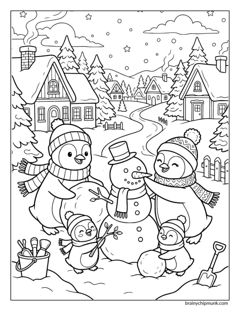 Penguins in winter hats and scarves build a snowman in a snowy village with cozy houses and pine trees coloring page. The scene feels cheerful and festive.

