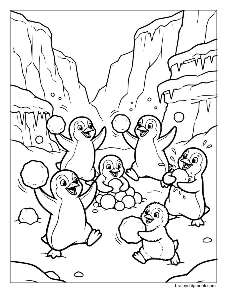 Five playful penguins joyfully engage in a snowball fight amid an icy landscape, surrounded by snowy cliffs. The scene conveys fun and excitement.
