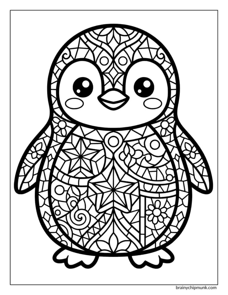Cute penguin coloring page with intricate mandala patterns and floral designs. The penguin has round eyes and a cheerful expression, inviting creativity.