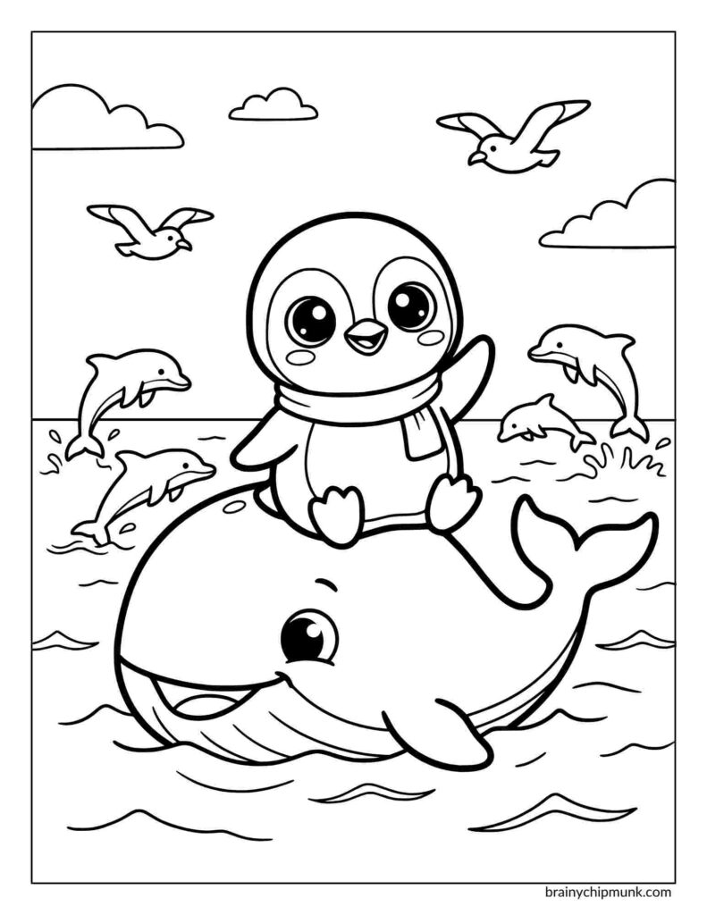 Coloring page of a cute penguin wearing a scarf joyfully rides a smiling whale. Dolphins jump playfully in the background, with seagulls soaring above in a clear sky.