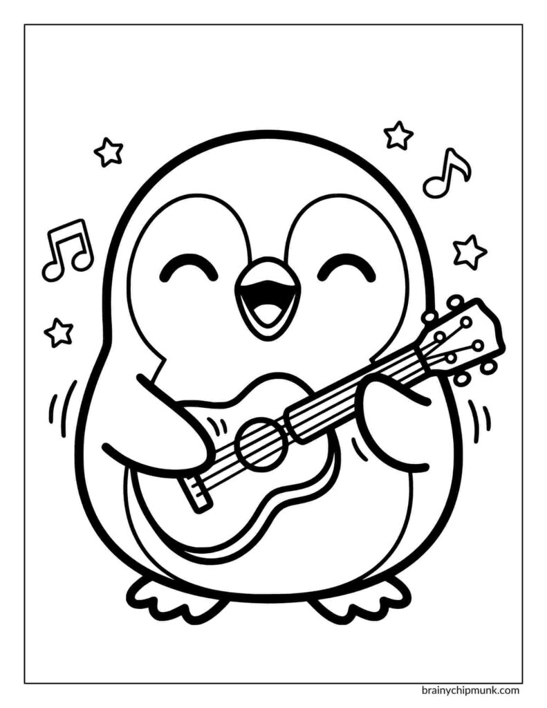 Coloring page of a penguin playing guitar.