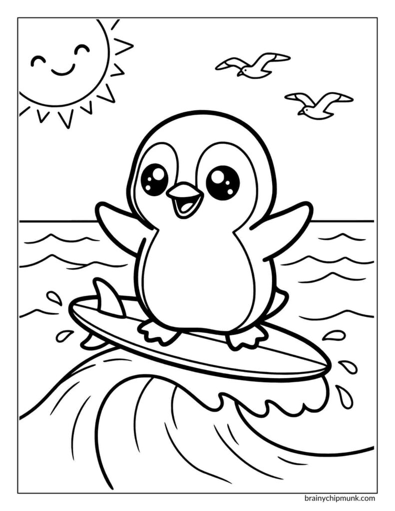 A cheerful penguin surfs on a wave under a smiling sun, with two seagulls flying above. The scene is lively and playful, conveying joy and fun.