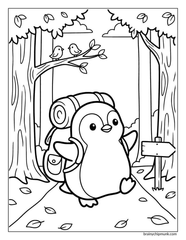 Cartoon penguin coloring page with a backpack happily walks in a forest with tall trees and birds on branches. A signpost is visible on the right.