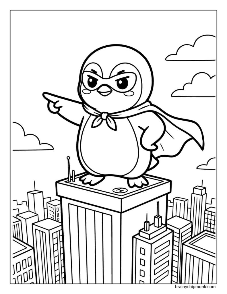 Cartoon penguin coloring page, dressed as a superhero stands triumphantly atop a skyscraper, pointing forward. The city skyline and clouds are in the background.