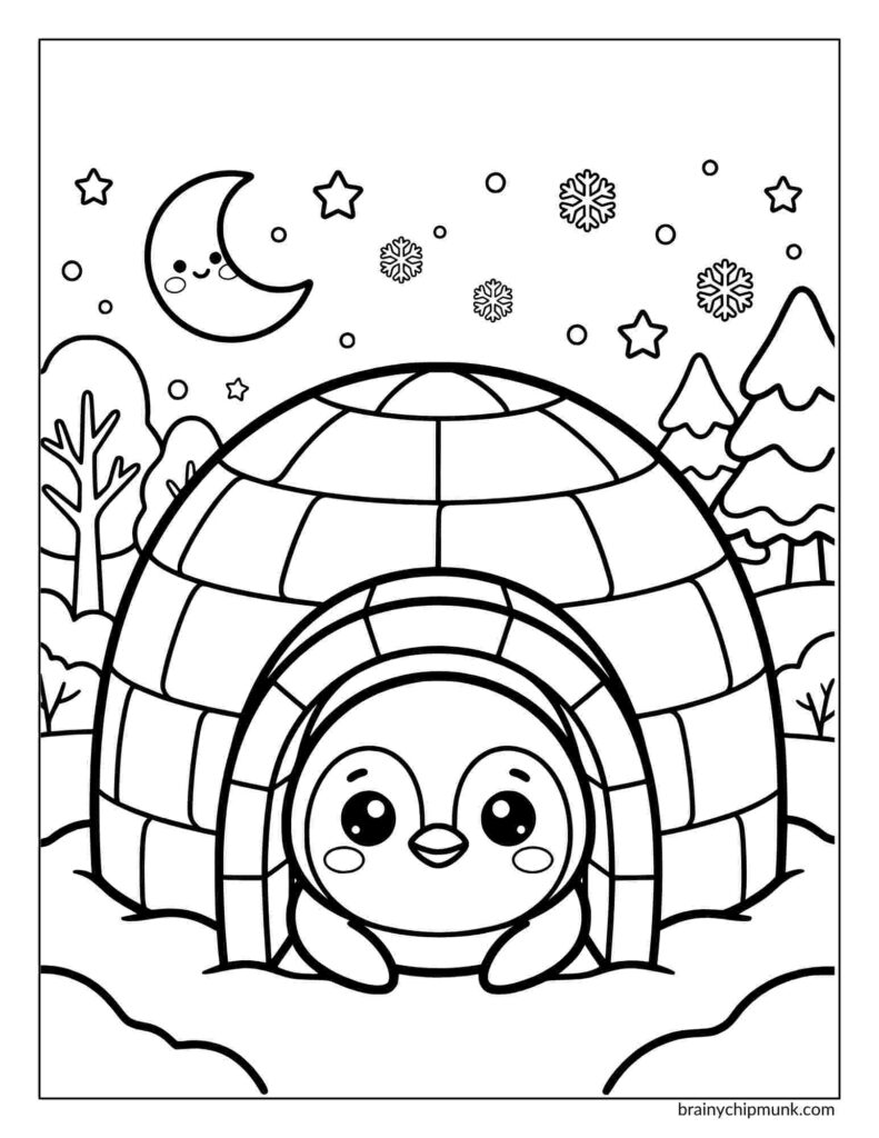 Cute cartoon penguin peeking from an igloo, surrounded by snowy trees. A smiling crescent moon, stars, and snowflakes fill the night sky.