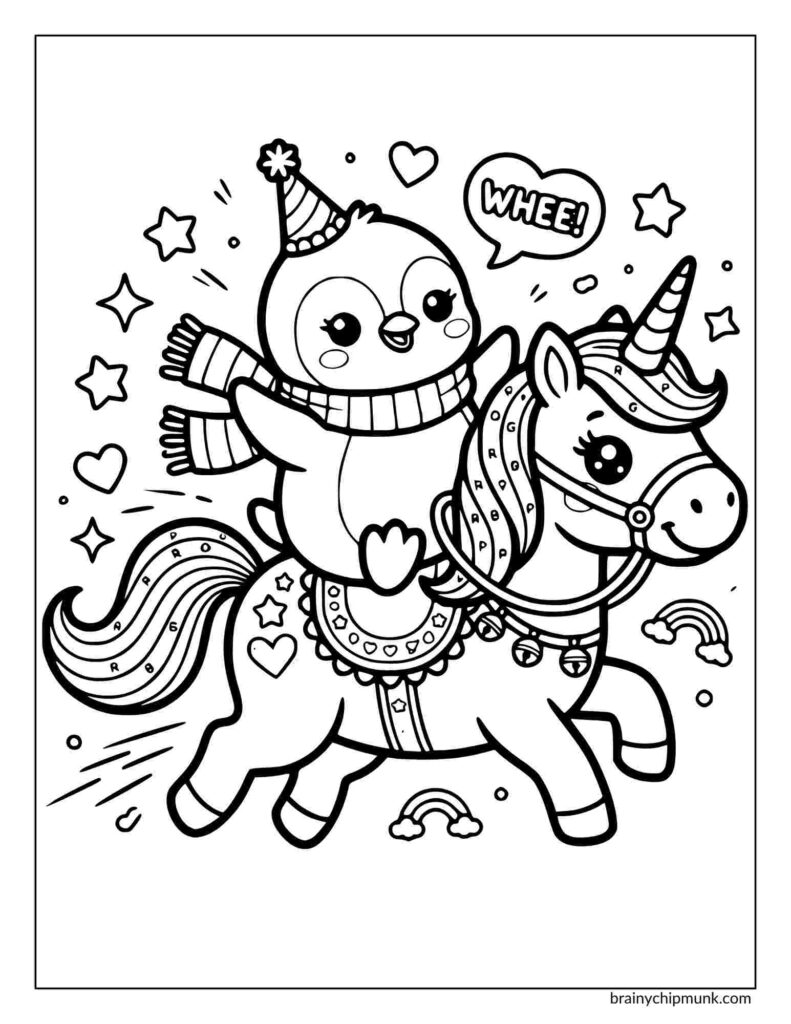 A cute penguin coloring sheet with a scarf and party hat rides a smiling unicorn. The scene has stars, hearts, and rainbows, with a playful "Whee!" speech bubble.