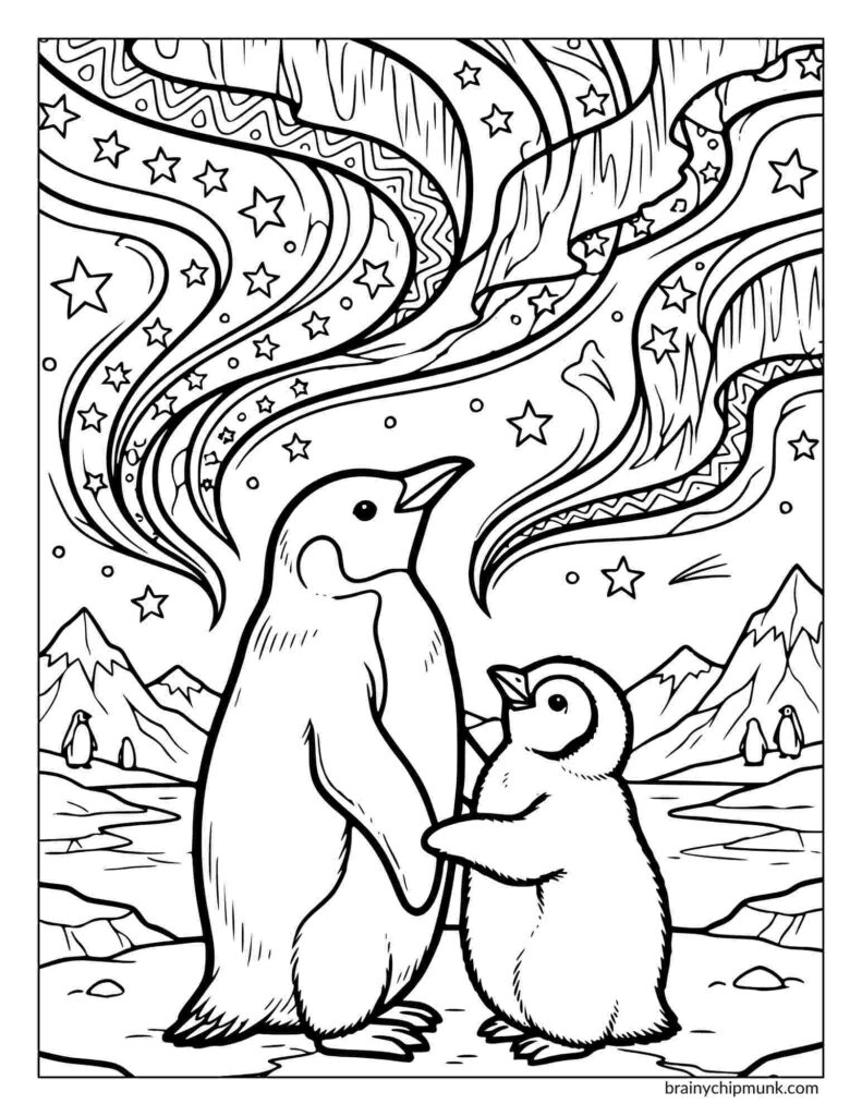 Coloring page of a parent penguin and chick stand on icy terrain, gazing at swirling auroras of northern lights and stars in the night sky, surrounded by distant mountains.